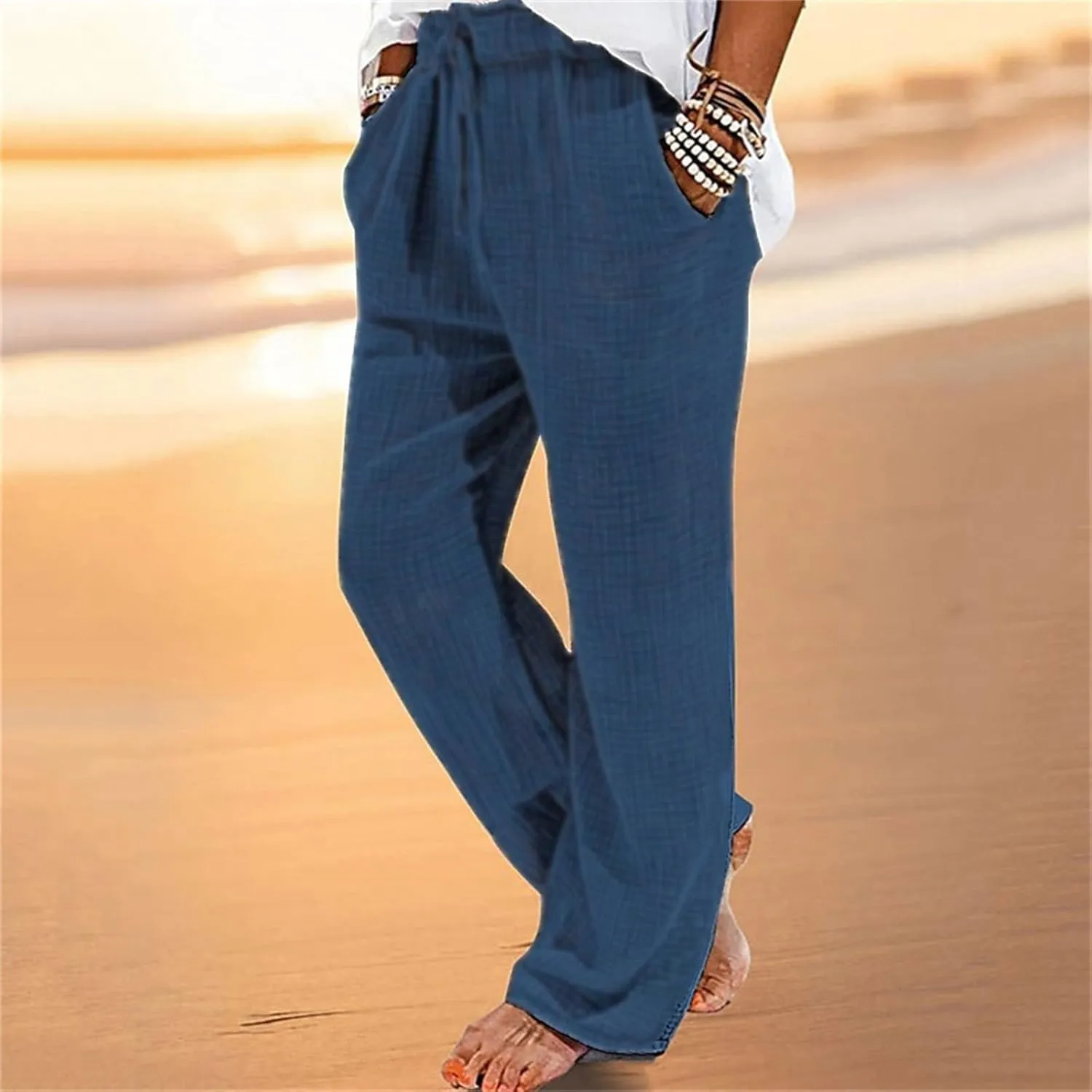 Cotton Linen Dress Pants for Men Summer Elastic Waist Drawstring Beach Athletic Pants for Workout, Jogging, Running