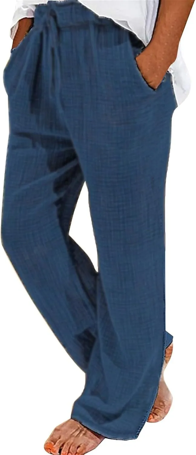 Cotton Linen Dress Pants for Men Summer Elastic Waist Drawstring Beach Athletic Pants for Workout, Jogging, Running