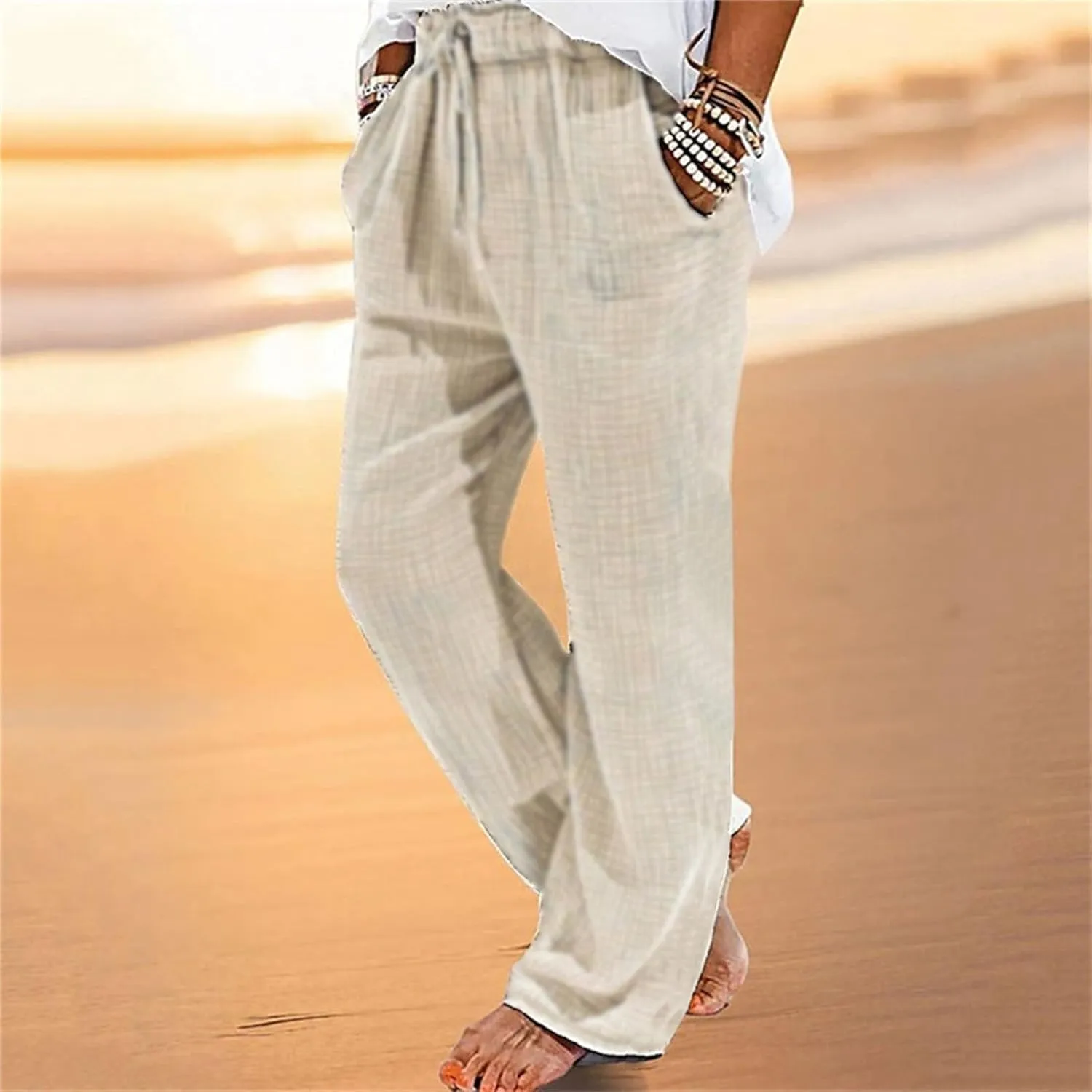 Cotton Linen Dress Pants for Men Summer Elastic Waist Drawstring Beach Athletic Pants for Workout, Jogging, Running