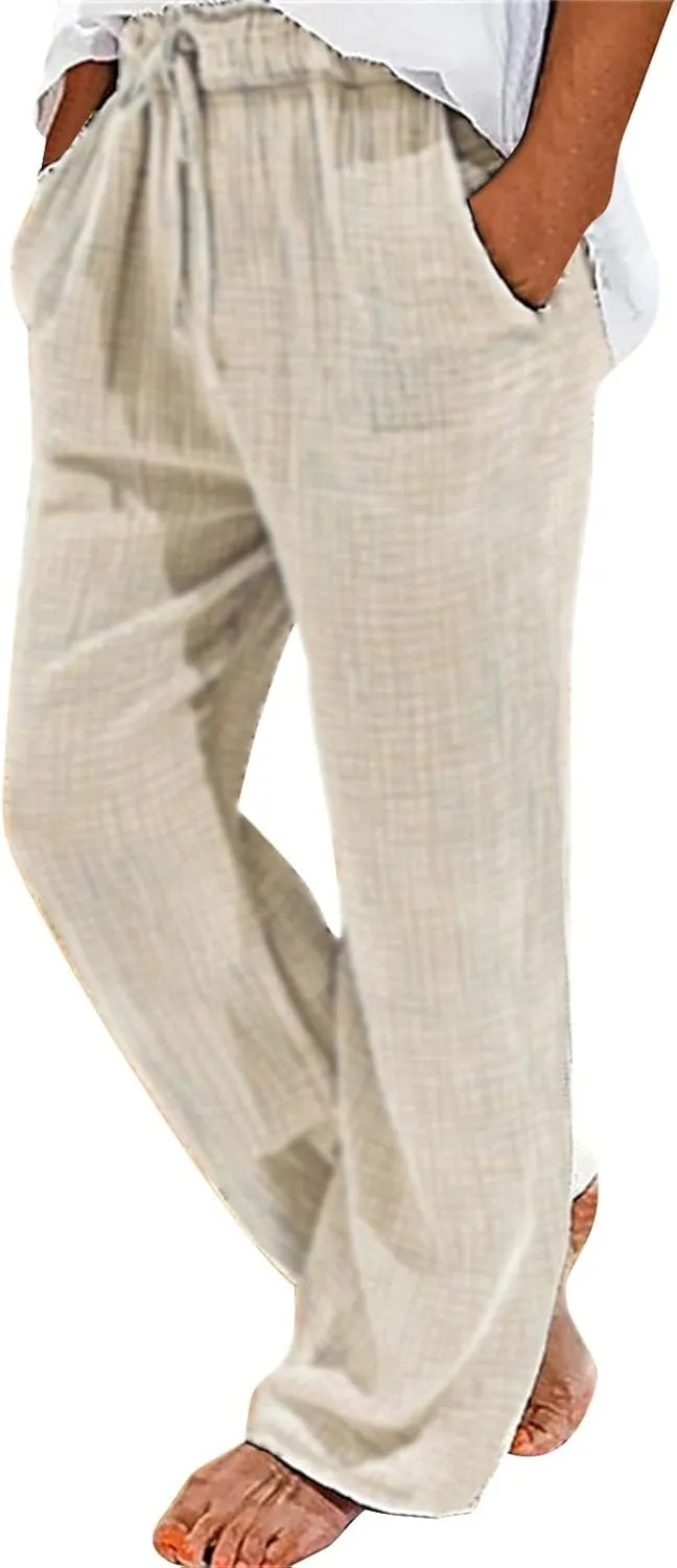Cotton Linen Dress Pants for Men Summer Elastic Waist Drawstring Beach Athletic Pants for Workout, Jogging, Running
