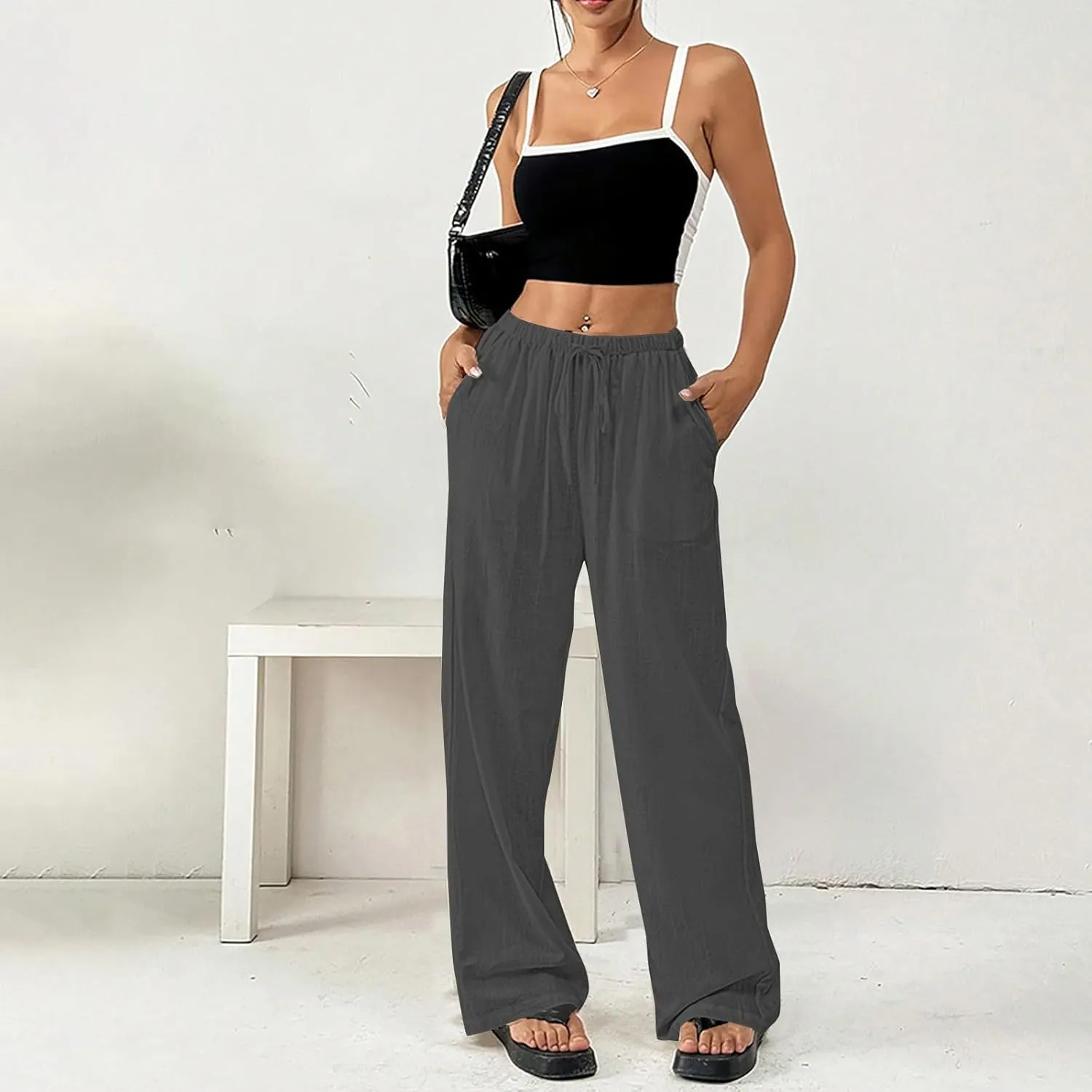 Cotton Linen Pants for Womens Loose Fit Breathable Cool Summer Outdoor Hiking Trousers Elastic Waist Drawstring Pants