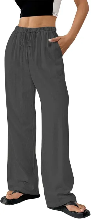 Cotton Linen Pants for Womens Loose Fit Breathable Cool Summer Outdoor Hiking Trousers Elastic Waist Drawstring Pants