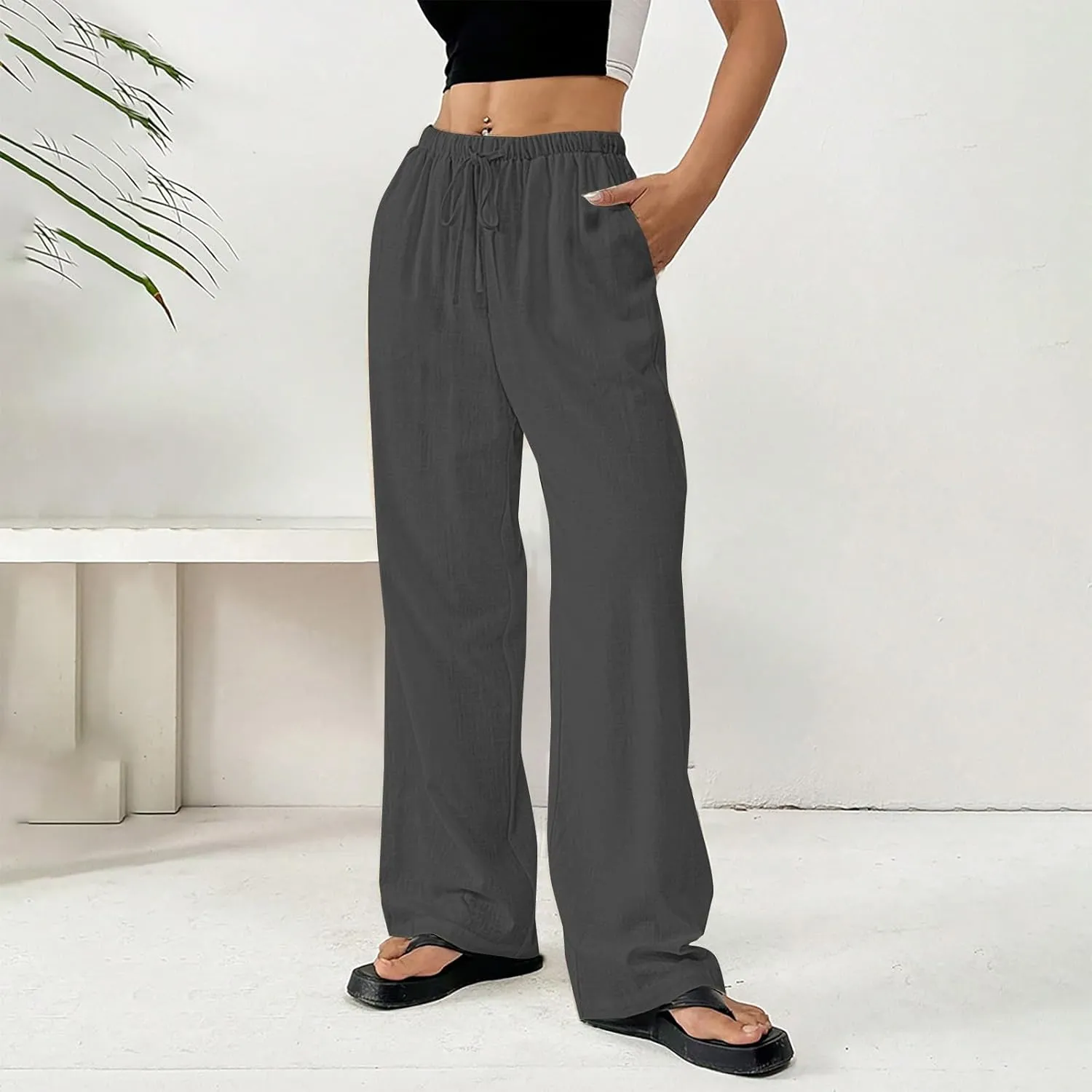 Cotton Linen Pants for Womens Loose Fit Breathable Cool Summer Outdoor Hiking Trousers Elastic Waist Drawstring Pants