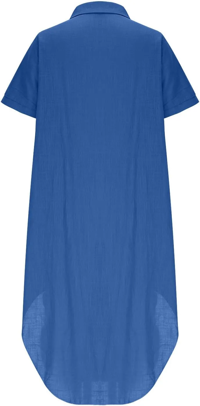 Cotton Linen Women's Short Sleeve Swing Midi Dress Flowy Crewneck Plus Size Casual Beach Vacation T-Shirt Dress