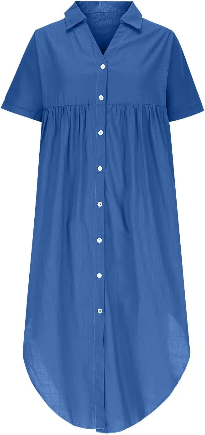 Cotton Linen Women's Short Sleeve Swing Midi Dress Flowy Crewneck Plus Size Casual Beach Vacation T-Shirt Dress