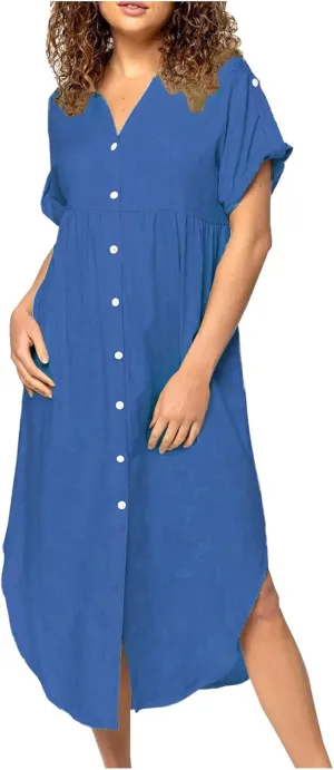 Cotton Linen Women's Short Sleeve Swing Midi Dress Flowy Crewneck Plus Size Casual Beach Vacation T-Shirt Dress