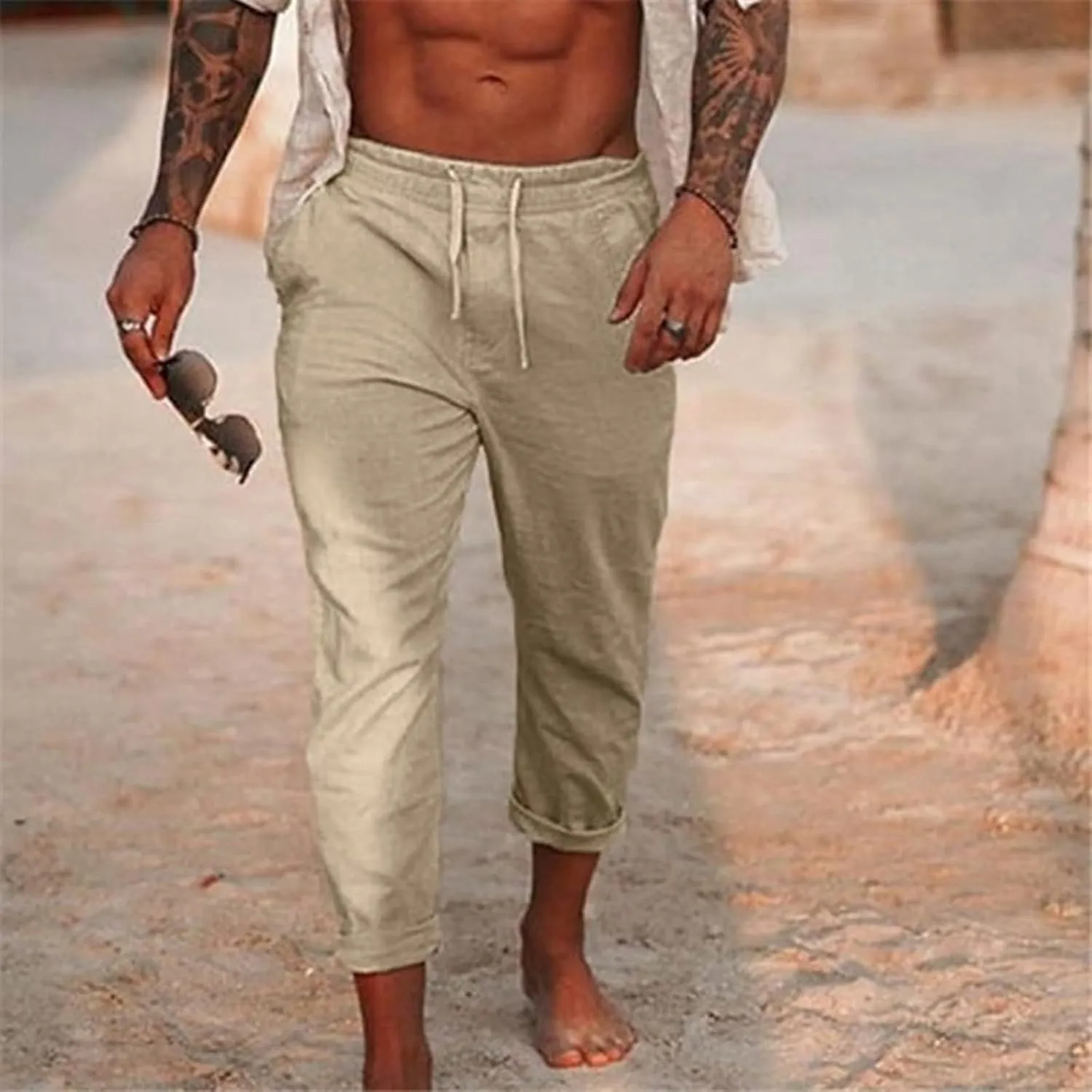 Cotton Linen Yoga Pants Men Summer Elastic Waist Drawstring Beach Athletic Pants for Workout, Jogging, Running