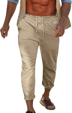 Cotton Linen Yoga Pants Men Summer Elastic Waist Drawstring Beach Athletic Pants for Workout, Jogging, Running