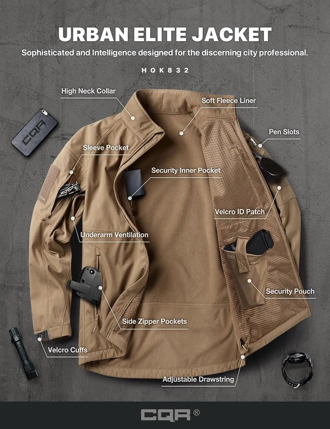 CQR Men's Fleece Lined Tactical Softshell Jackets, Lightweight Water Resistant Hunting Hiking Jacket, Winter Outdoor Jacket