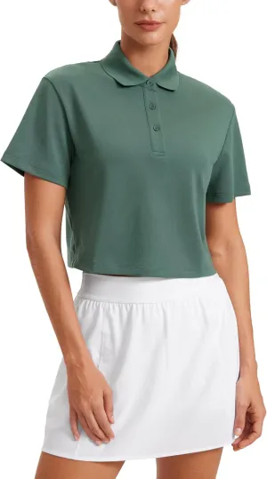 CRZ YOGA Golf Crop Polo Shirts for Women 3 Button Collared Quick Dry Tennis T-Shirt Short Sleeve Workout Athletic Tops