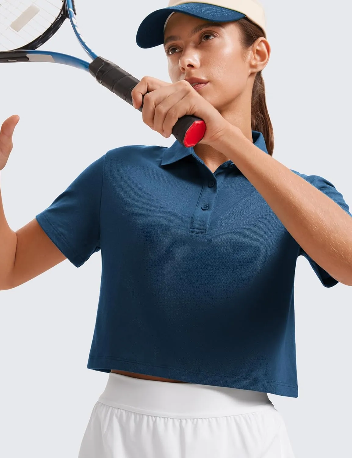 CRZ YOGA Golf Crop Polo Shirts for Women 3 Button Collared Quick Dry Tennis T-Shirt Short Sleeve Workout Athletic Tops