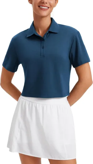 CRZ YOGA Golf Crop Polo Shirts for Women 3 Button Collared Quick Dry Tennis T-Shirt Short Sleeve Workout Athletic Tops