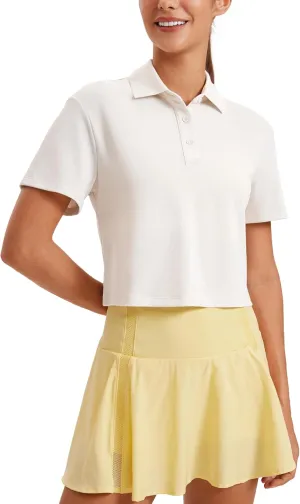 CRZ YOGA Golf Crop Polo Shirts for Women 3 Button Collared Quick Dry Tennis T-Shirt Short Sleeve Workout Athletic Tops