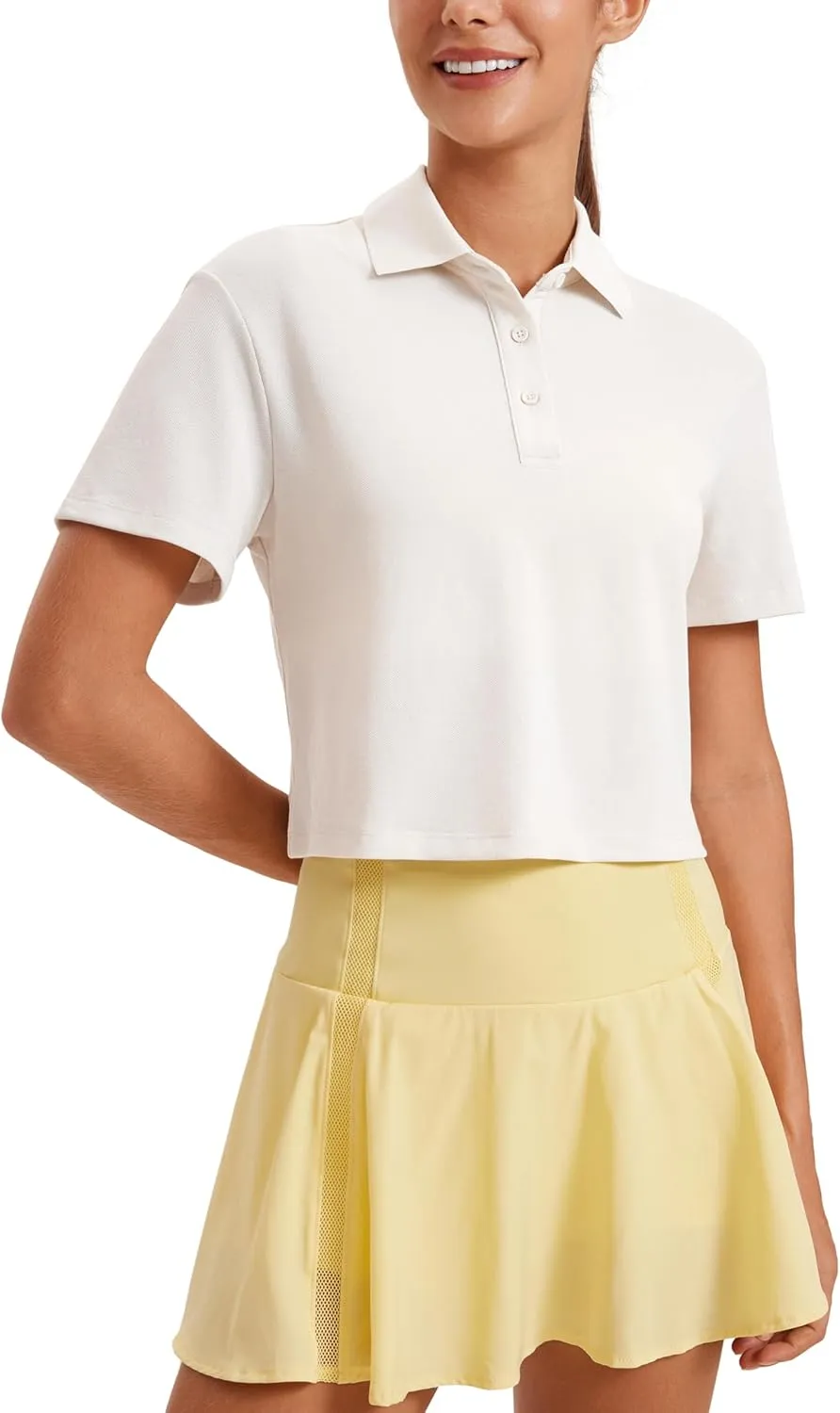 CRZ YOGA Golf Crop Polo Shirts for Women 3 Button Collared Quick Dry Tennis T-Shirt Short Sleeve Workout Athletic Tops