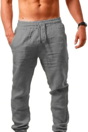 Ctreela Men's Lounge Cotton Linen Pants Lightweight Breathable Beach Trousers Casual Drawstring Low Waist Loose Yoga Pants
