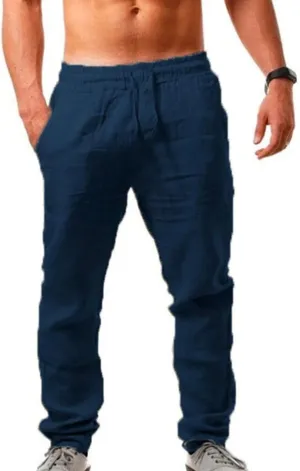 Ctreela Men's Lounge Cotton Linen Pants Lightweight Breathable Beach Trousers Casual Drawstring Low Waist Loose Yoga Pants