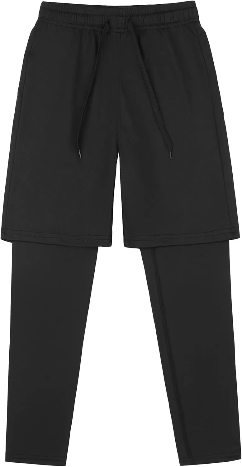 DANI CHINS Boys 2 in 1 Athletic Active Leggings Sports Running Quick Dry Breathable Compression Pants