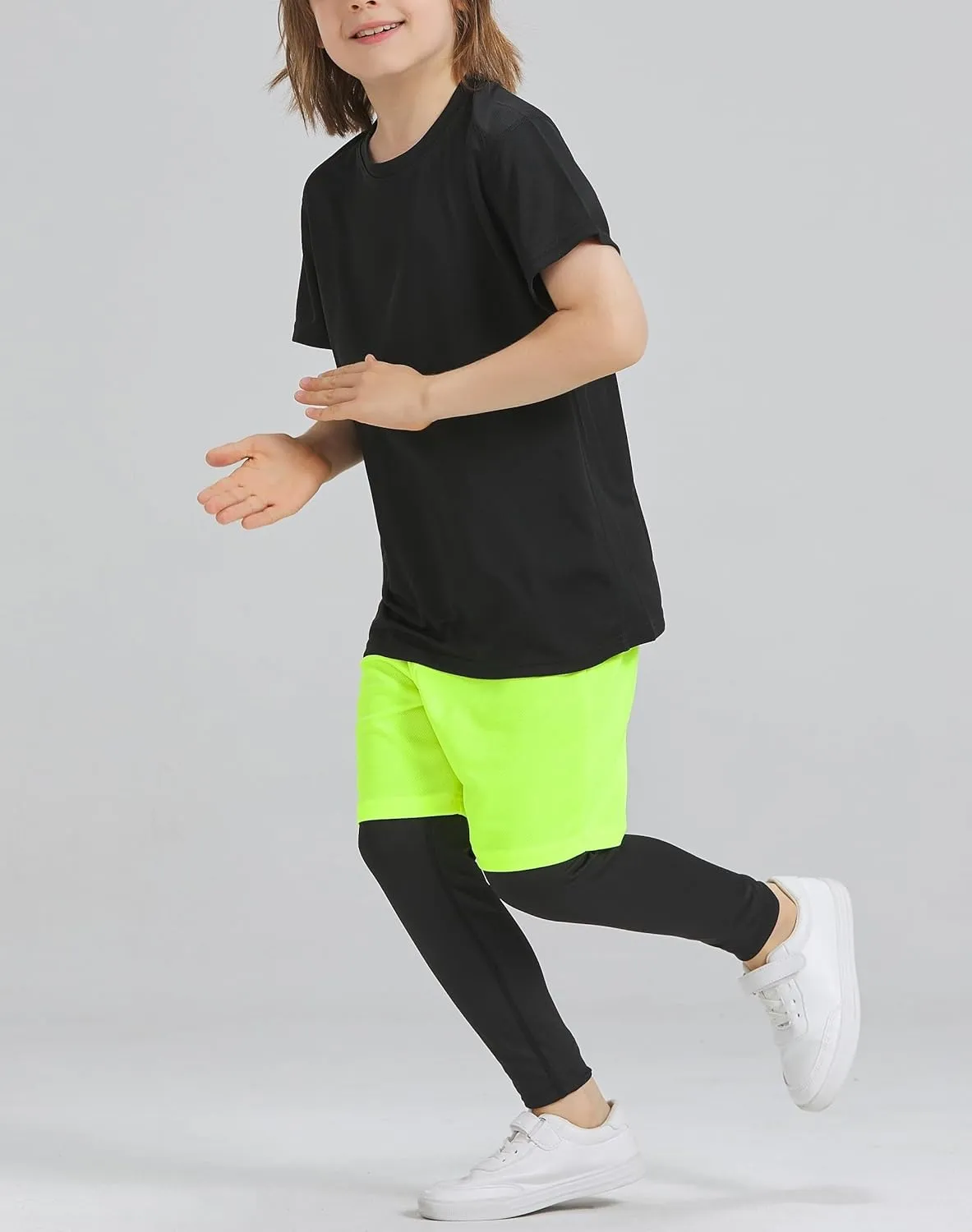 DANI CHINS Boys 2 in 1 Athletic Active Leggings Sports Running Quick Dry Breathable Compression Pants