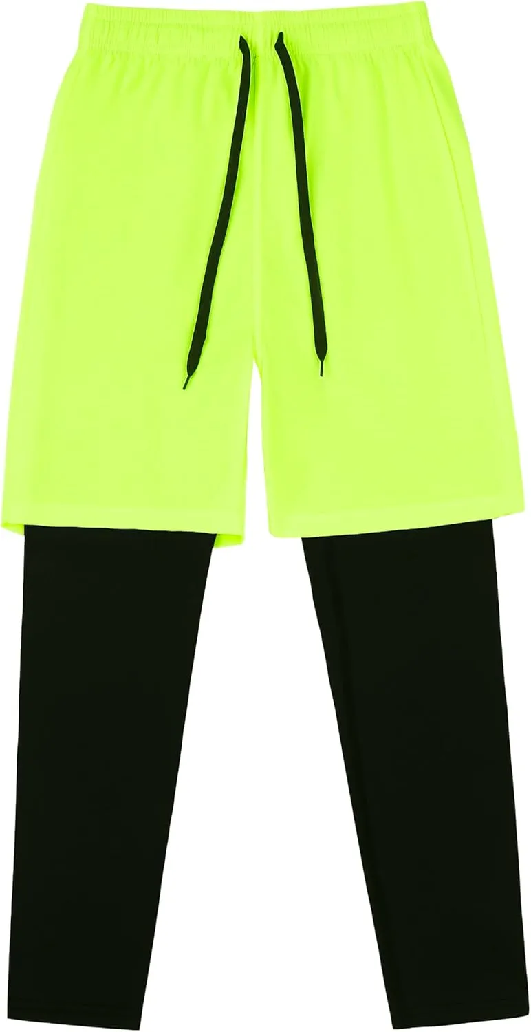 DANI CHINS Boys 2 in 1 Athletic Active Leggings Sports Running Quick Dry Breathable Compression Pants