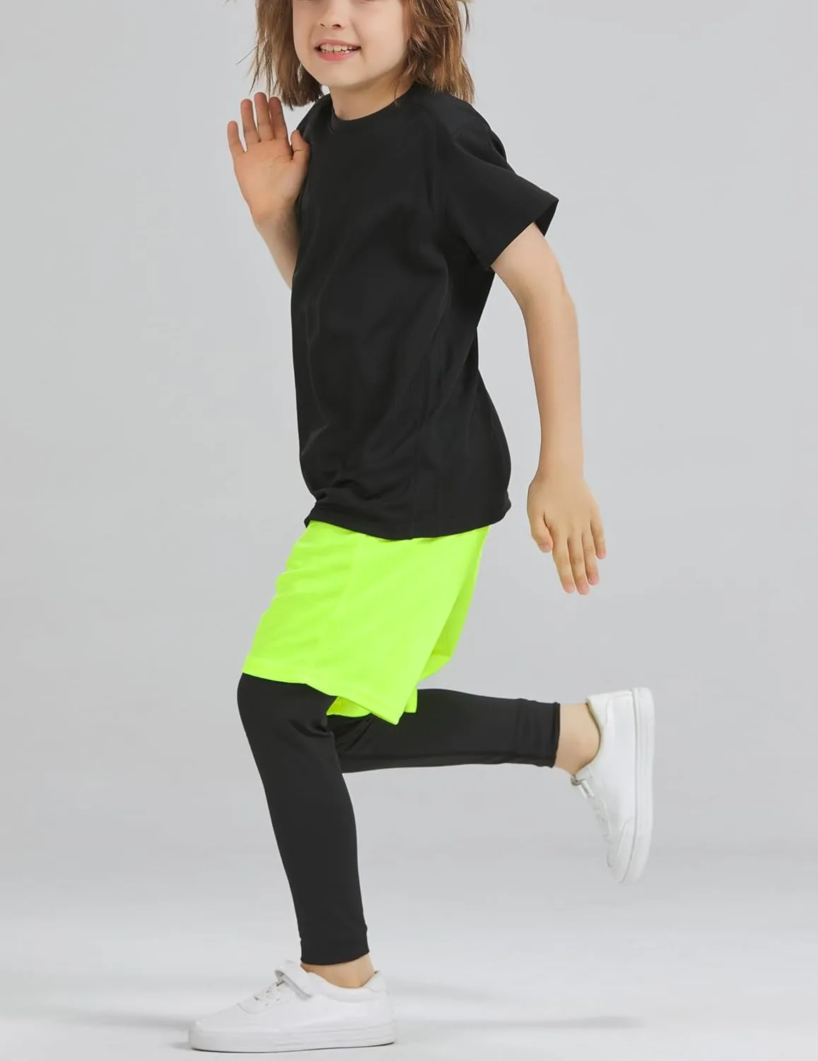 DANI CHINS Boys 2 in 1 Athletic Active Leggings Sports Running Quick Dry Breathable Compression Pants