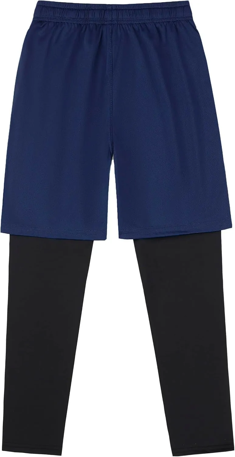 DANI CHINS Boys 2 in 1 Athletic Active Leggings Sports Running Quick Dry Breathable Compression Pants