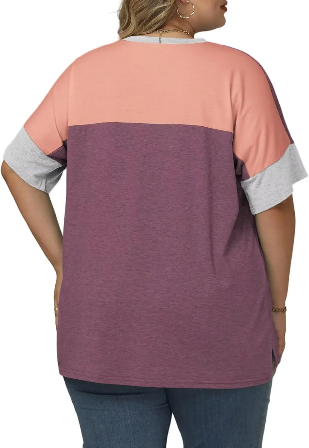 DOLNINE Plus-Size-Tops for Women Summer Color Block Shirts Casual Crewneck Tees Trendy Going Out Side Split Tunics XL-5XL