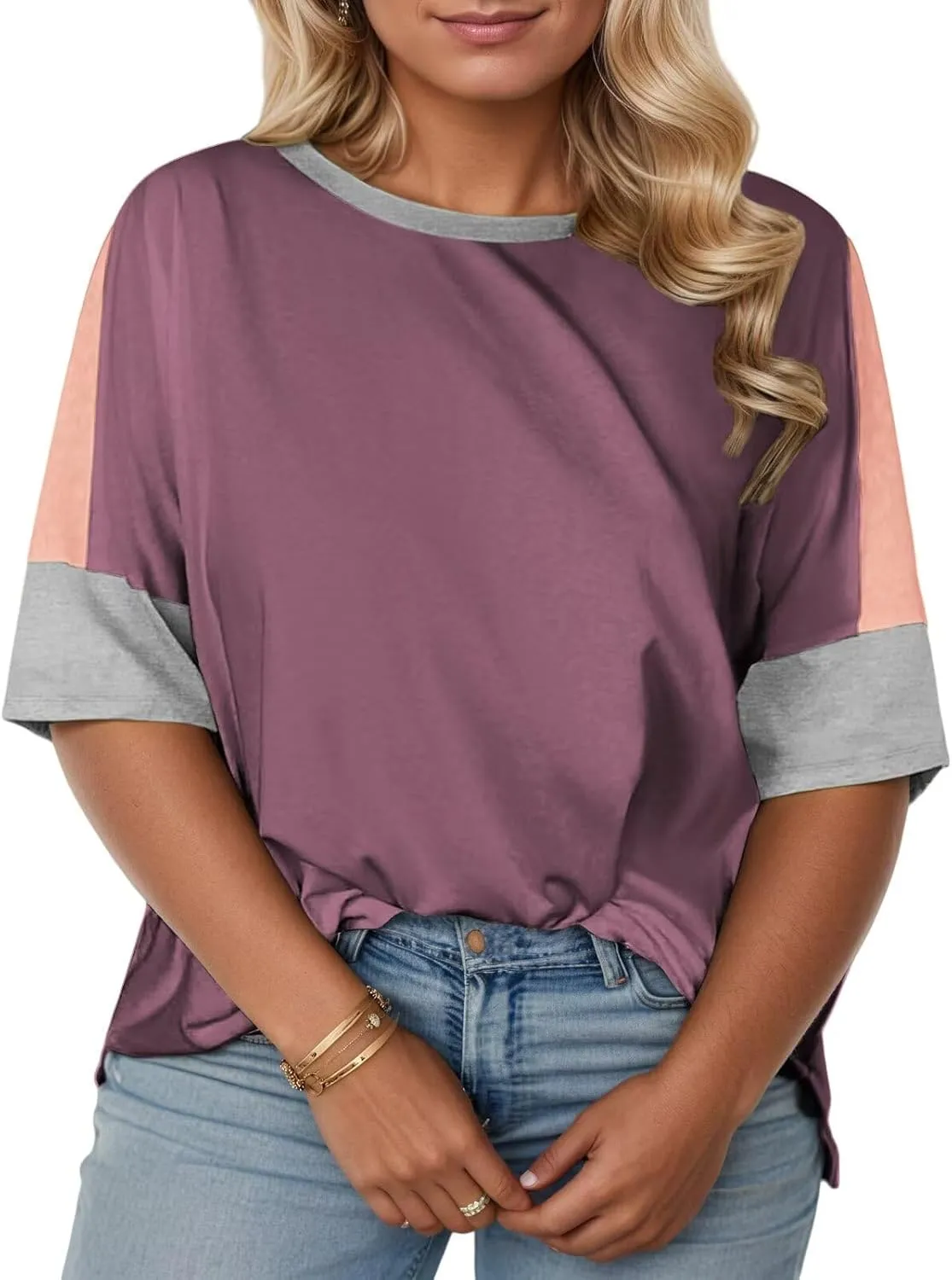 DOLNINE Plus-Size-Tops for Women Summer Color Block Shirts Casual Crewneck Tees Trendy Going Out Side Split Tunics XL-5XL
