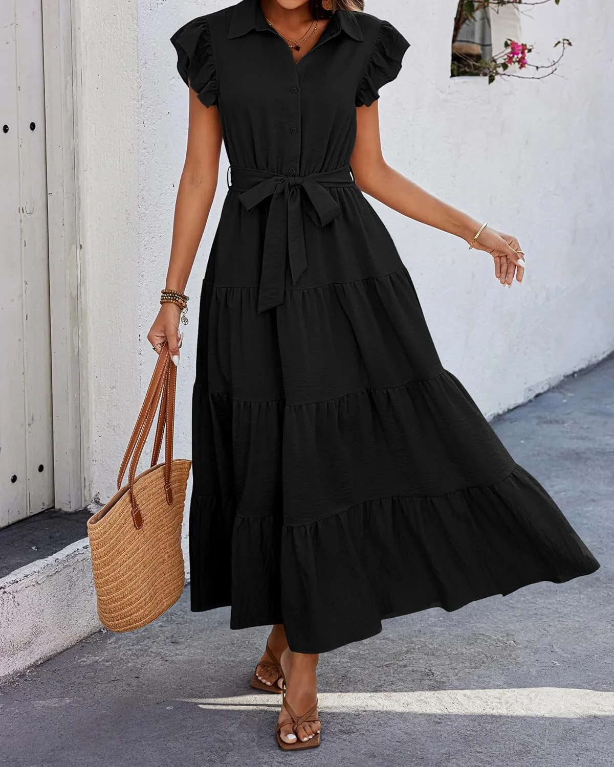 dowerme Women's Summer Casual Dresses 2025 Cap Ruffle Sleeve V Neck Button Belted Tiered Boho Maxi Dress with Pockets