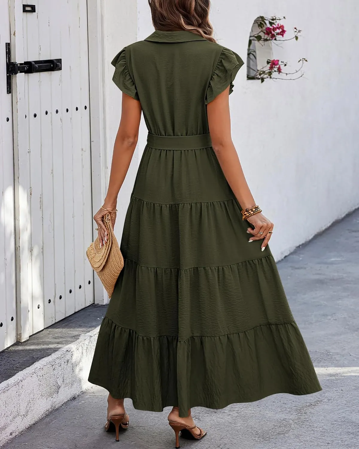 dowerme Women's Summer Casual Dresses 2025 Cap Ruffle Sleeve V Neck Button Belted Tiered Boho Maxi Dress with Pockets