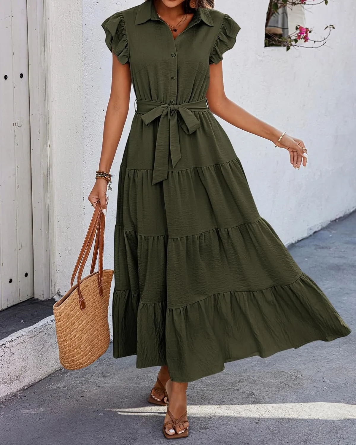 dowerme Women's Summer Casual Dresses 2025 Cap Ruffle Sleeve V Neck Button Belted Tiered Boho Maxi Dress with Pockets