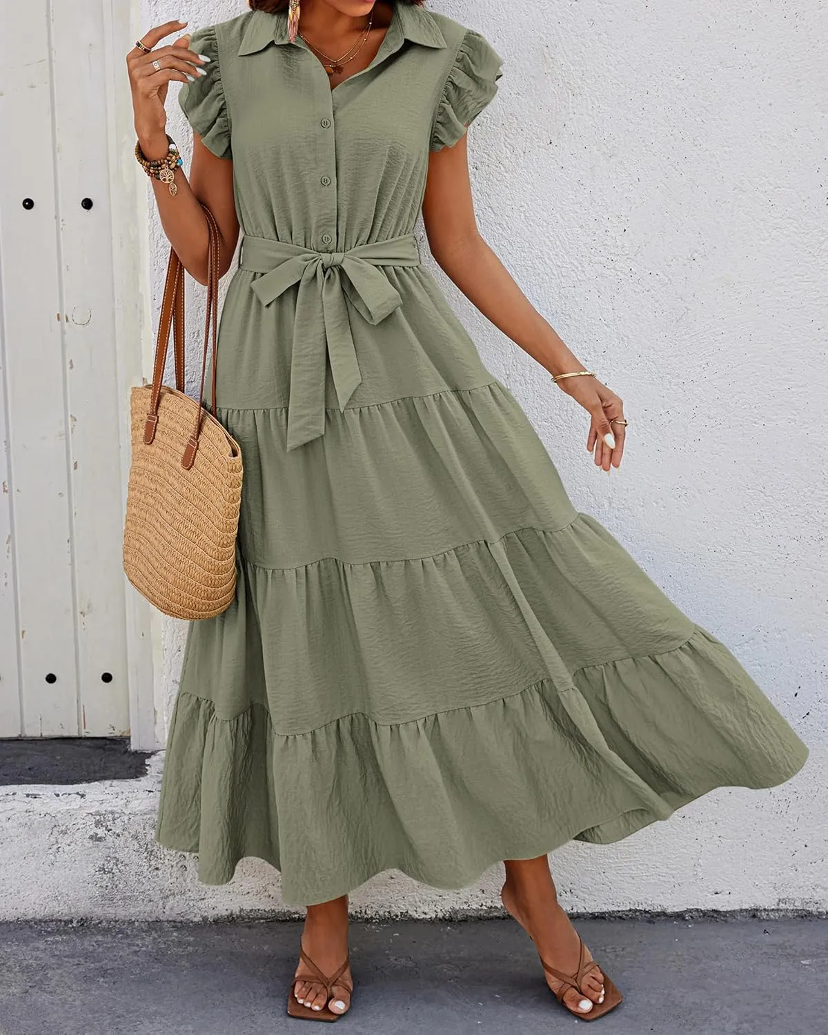 dowerme Women's Summer Casual Dresses 2025 Cap Ruffle Sleeve V Neck Button Belted Tiered Boho Maxi Dress with Pockets
