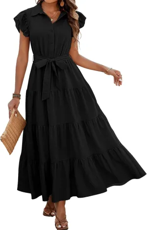 dowerme Women's Summer Casual Dresses 2025 Cap Ruffle Sleeve V Neck Button Belted Tiered Boho Maxi Dress with Pockets