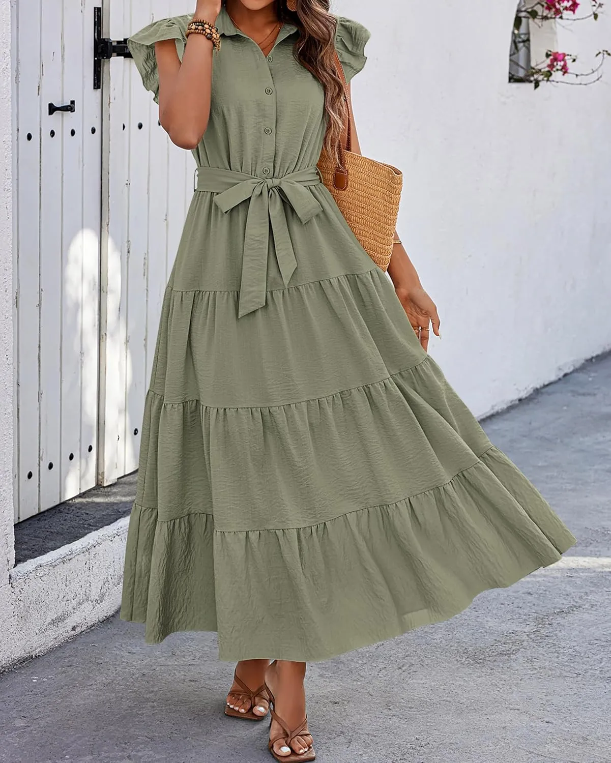 dowerme Women's Summer Casual Dresses 2025 Cap Ruffle Sleeve V Neck Button Belted Tiered Boho Maxi Dress with Pockets