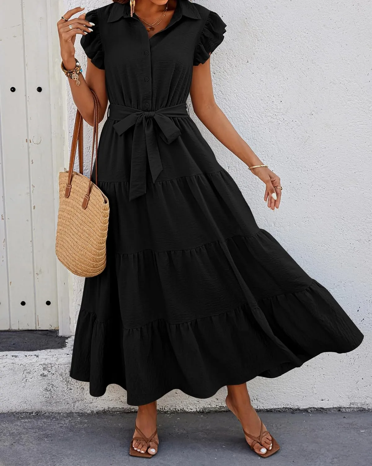 dowerme Women's Summer Casual Dresses 2025 Cap Ruffle Sleeve V Neck Button Belted Tiered Boho Maxi Dress with Pockets