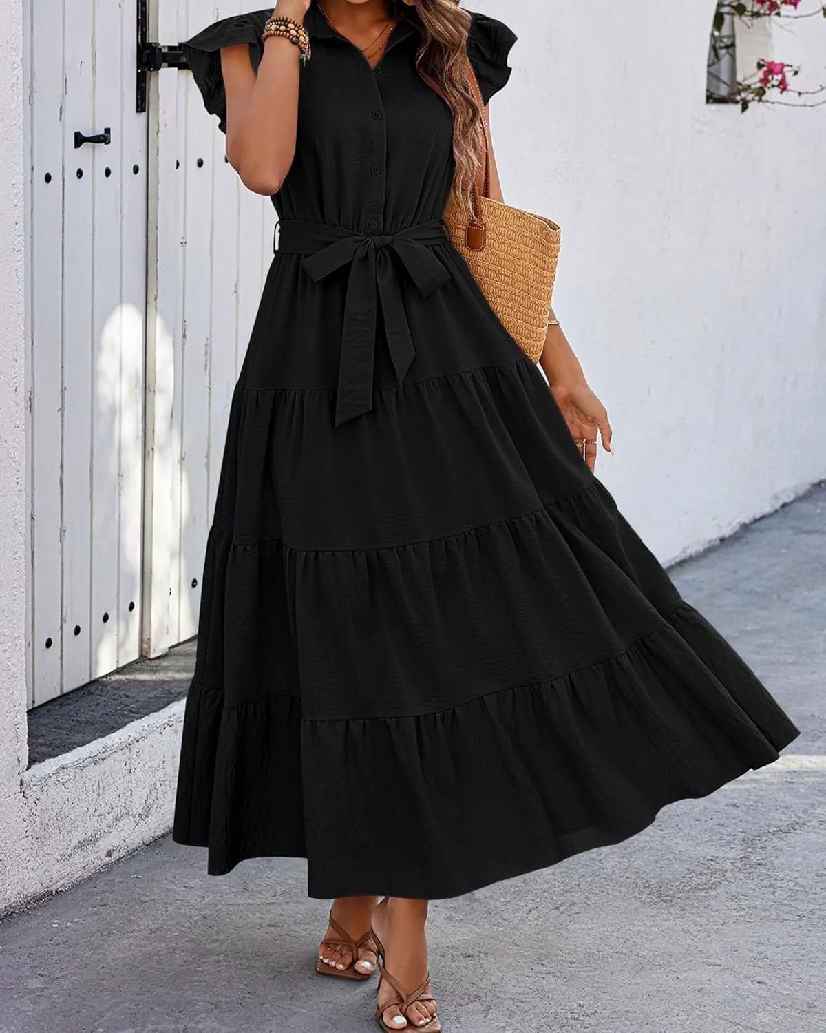 dowerme Women's Summer Casual Dresses 2025 Cap Ruffle Sleeve V Neck Button Belted Tiered Boho Maxi Dress with Pockets