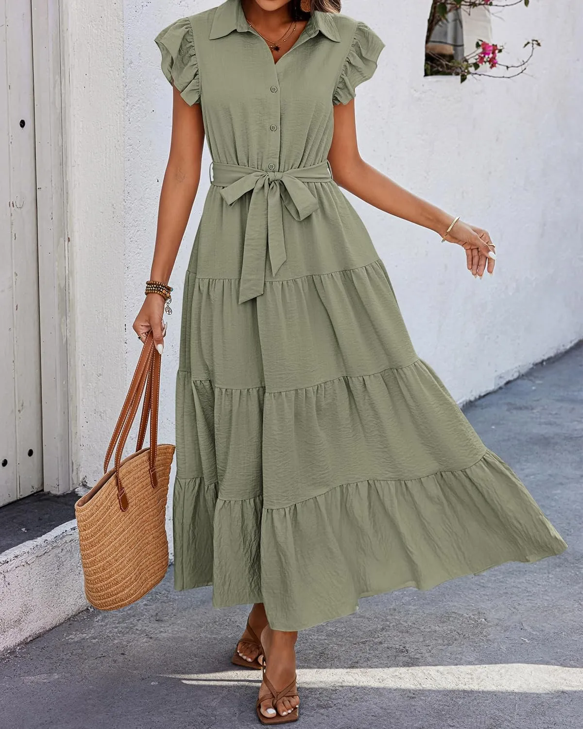 dowerme Women's Summer Casual Dresses 2025 Cap Ruffle Sleeve V Neck Button Belted Tiered Boho Maxi Dress with Pockets