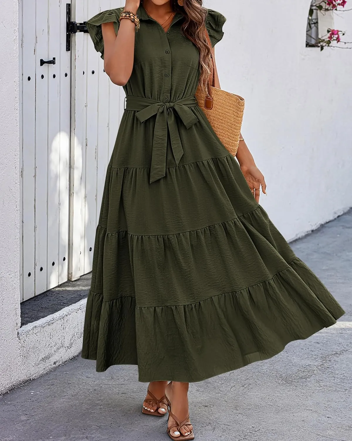 dowerme Women's Summer Casual Dresses 2025 Cap Ruffle Sleeve V Neck Button Belted Tiered Boho Maxi Dress with Pockets