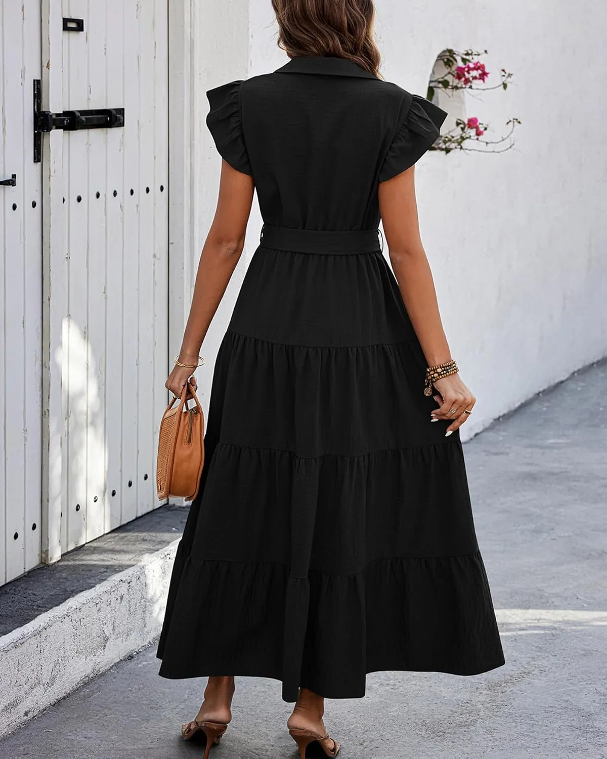 dowerme Women's Summer Casual Dresses 2025 Cap Ruffle Sleeve V Neck Button Belted Tiered Boho Maxi Dress with Pockets