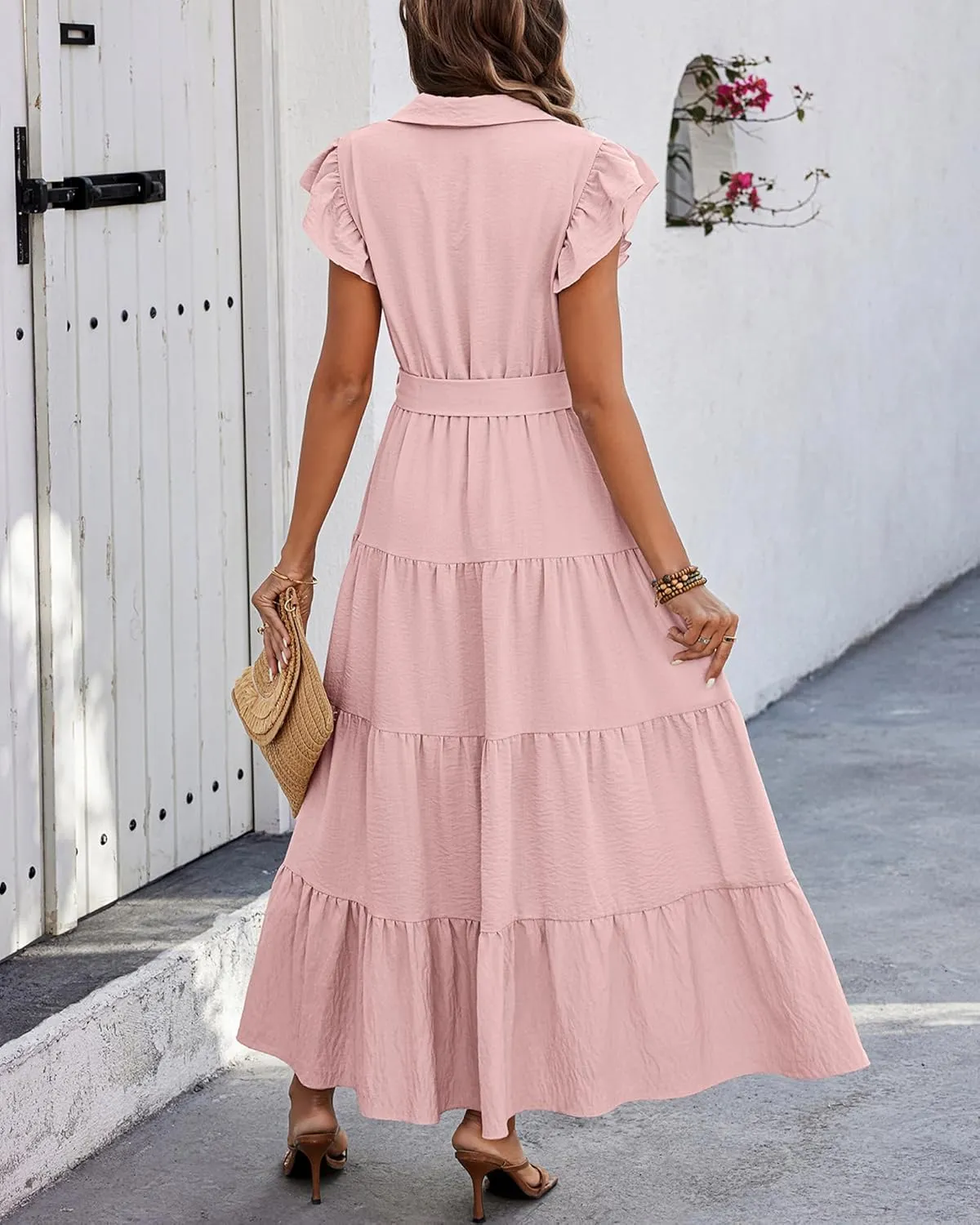 dowerme Women's Summer Casual Dresses 2025 Cap Ruffle Sleeve V Neck Button Belted Tiered Boho Maxi Dress with Pockets