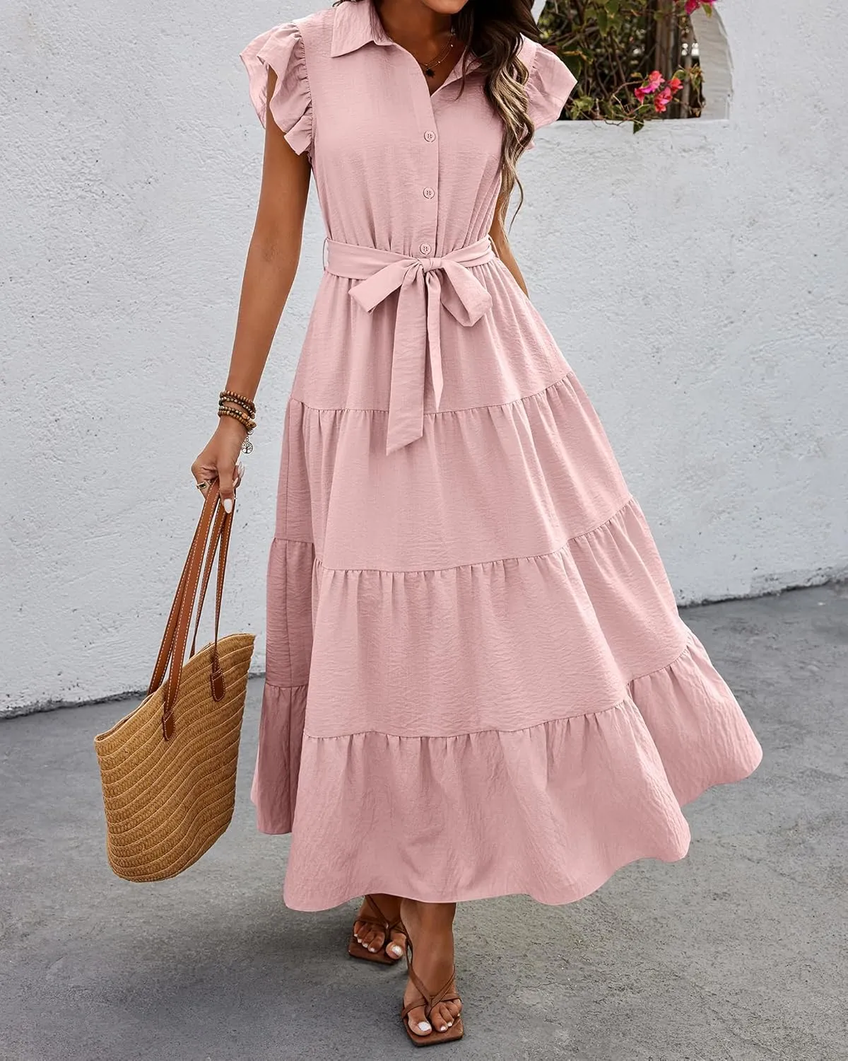 dowerme Women's Summer Casual Dresses 2025 Cap Ruffle Sleeve V Neck Button Belted Tiered Boho Maxi Dress with Pockets