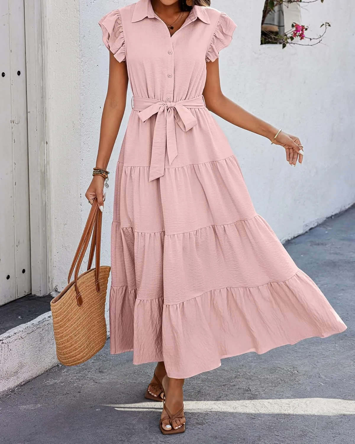 dowerme Women's Summer Casual Dresses 2025 Cap Ruffle Sleeve V Neck Button Belted Tiered Boho Maxi Dress with Pockets