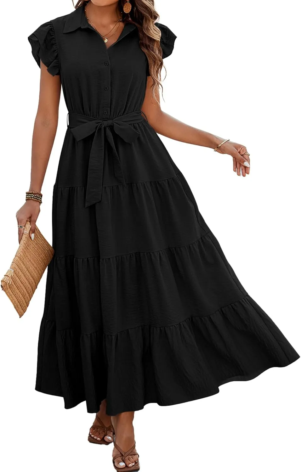 dowerme Women's Summer Casual Dresses 2025 Cap Ruffle Sleeve V Neck Button Belted Tiered Boho Maxi Dress with Pockets