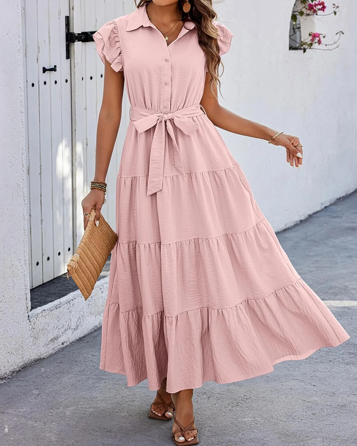 dowerme Women's Summer Casual Dresses 2025 Cap Ruffle Sleeve V Neck Button Belted Tiered Boho Maxi Dress with Pockets