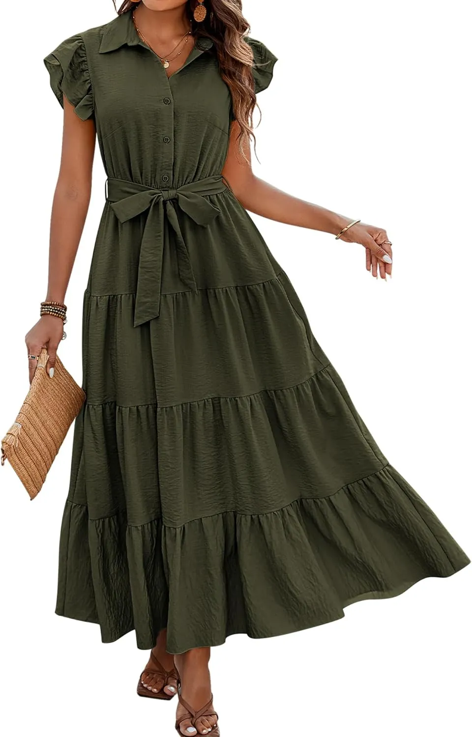 dowerme Women's Summer Casual Dresses 2025 Cap Ruffle Sleeve V Neck Button Belted Tiered Boho Maxi Dress with Pockets
