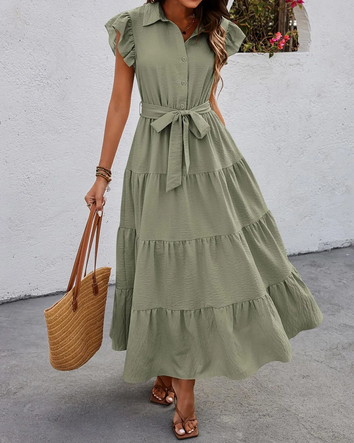 dowerme Women's Summer Casual Dresses 2025 Cap Ruffle Sleeve V Neck Button Belted Tiered Boho Maxi Dress with Pockets