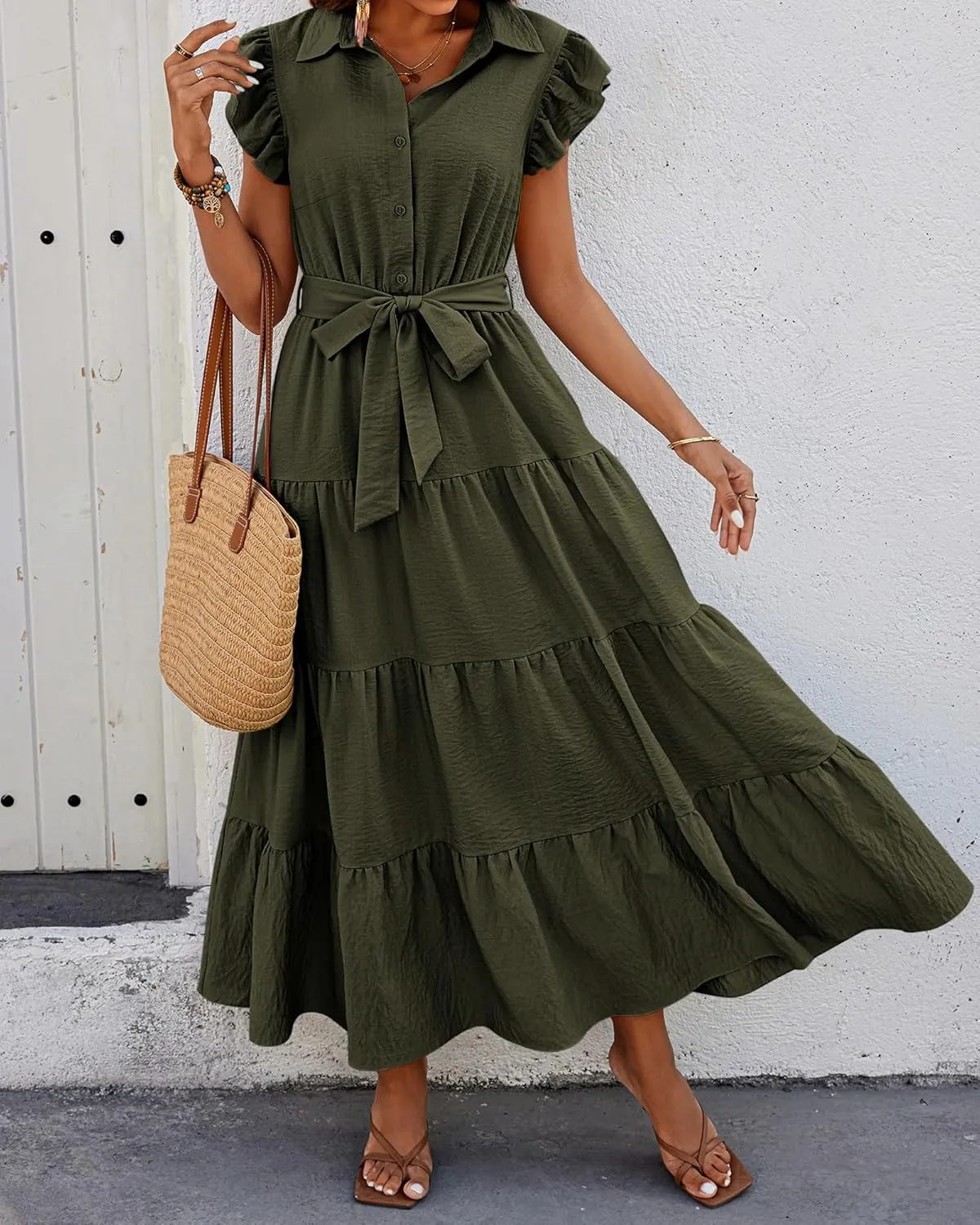 dowerme Women's Summer Casual Dresses 2025 Cap Ruffle Sleeve V Neck Button Belted Tiered Boho Maxi Dress with Pockets
