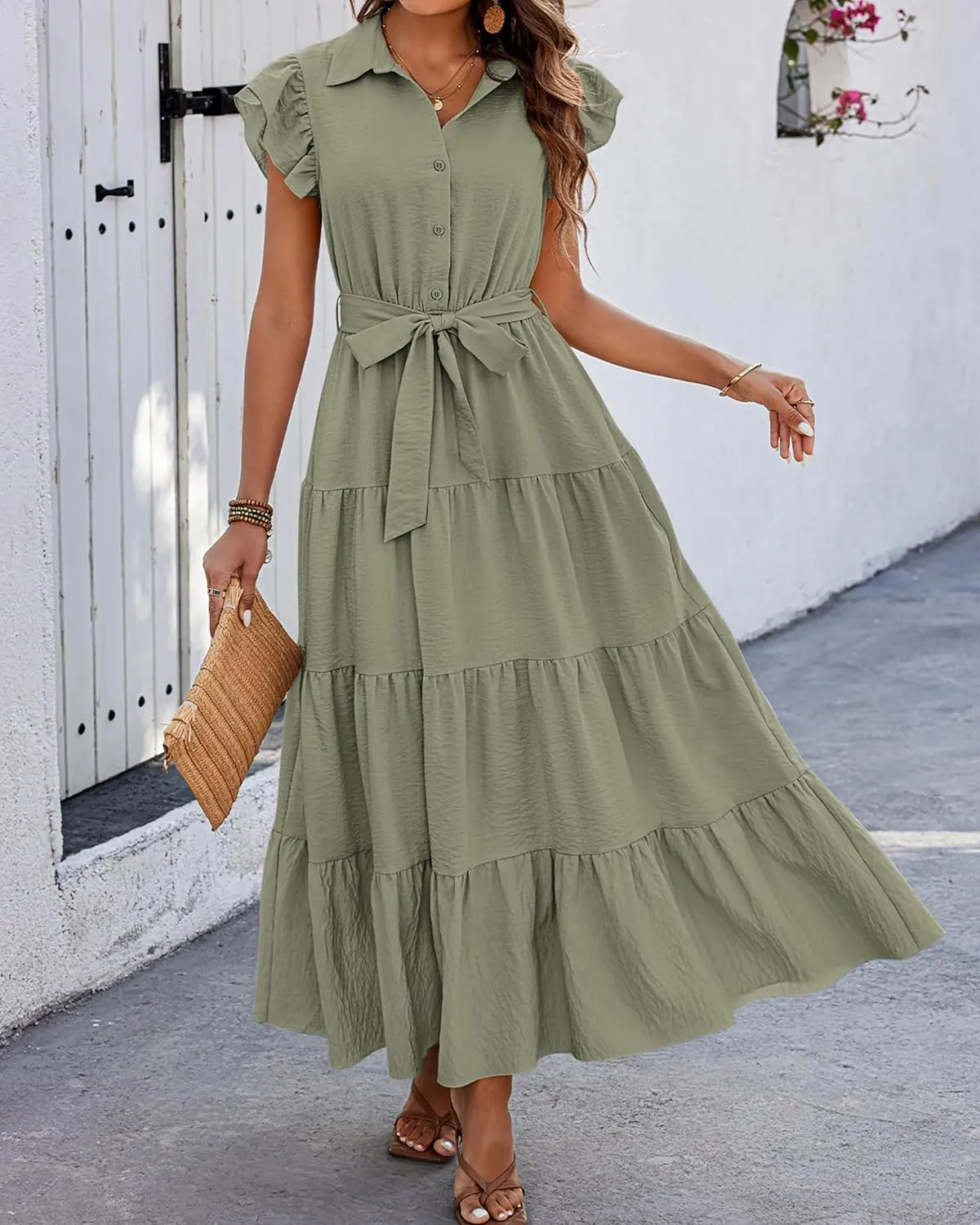 dowerme Women's Summer Casual Dresses 2025 Cap Ruffle Sleeve V Neck Button Belted Tiered Boho Maxi Dress with Pockets