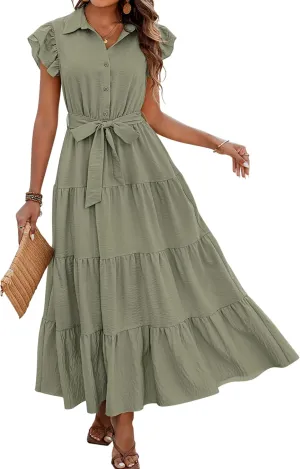 dowerme Women's Summer Casual Dresses 2025 Cap Ruffle Sleeve V Neck Button Belted Tiered Boho Maxi Dress with Pockets