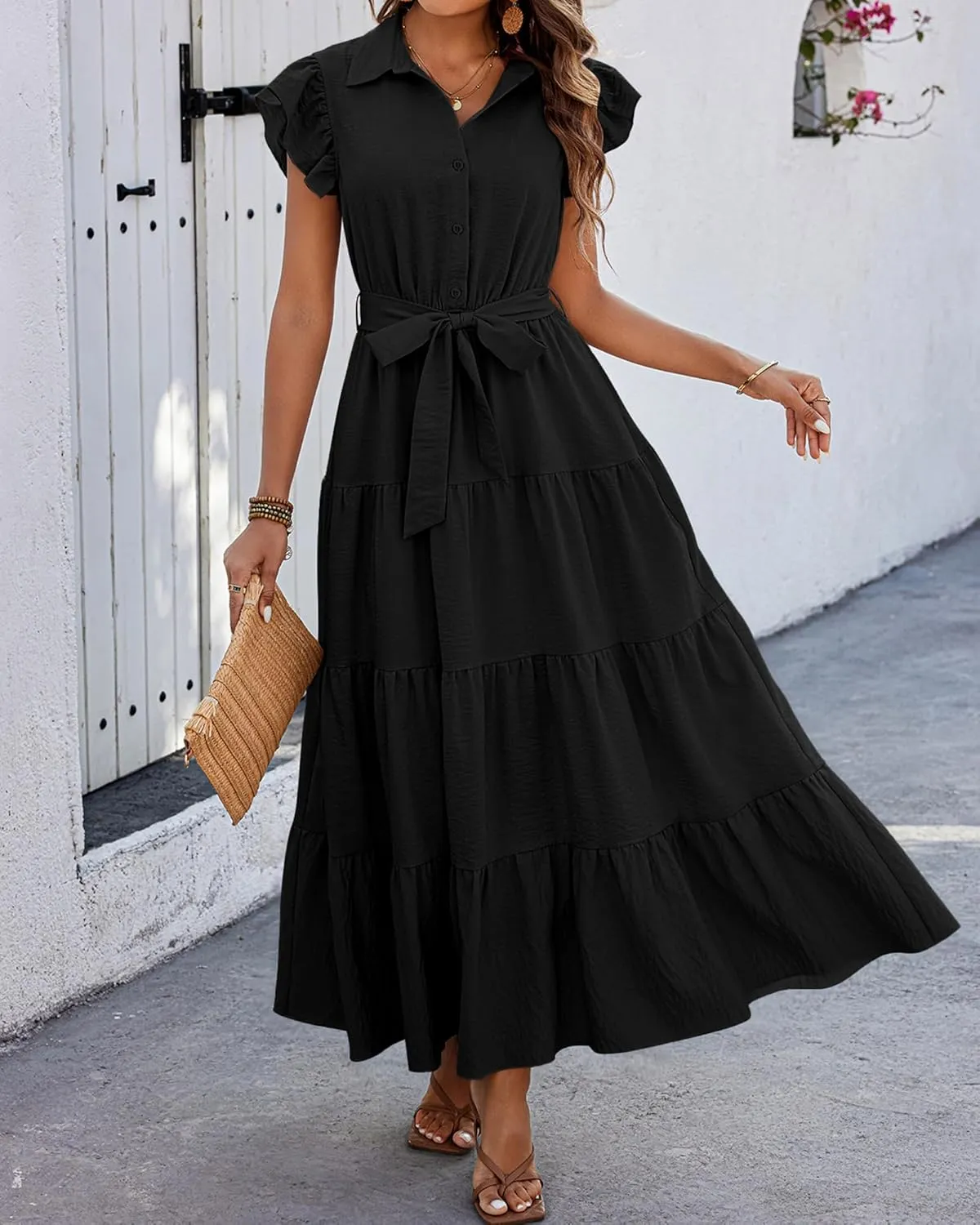 dowerme Women's Summer Casual Dresses 2025 Cap Ruffle Sleeve V Neck Button Belted Tiered Boho Maxi Dress with Pockets