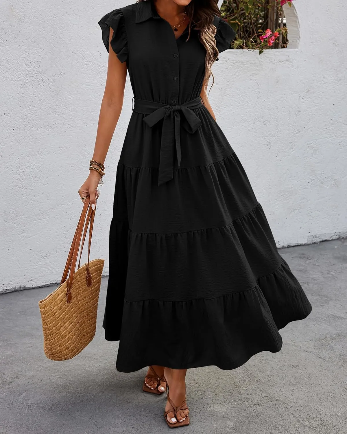 dowerme Women's Summer Casual Dresses 2025 Cap Ruffle Sleeve V Neck Button Belted Tiered Boho Maxi Dress with Pockets